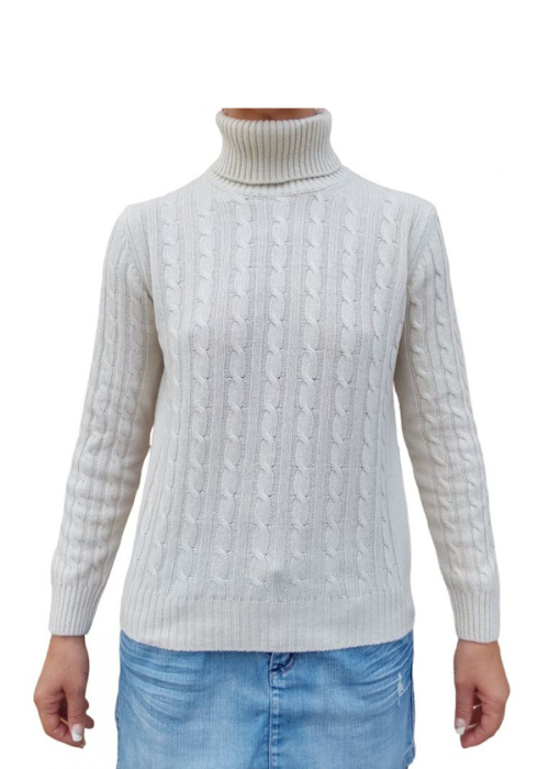 Women's high-neck cable-knit sweater in regenerated cashmere-0