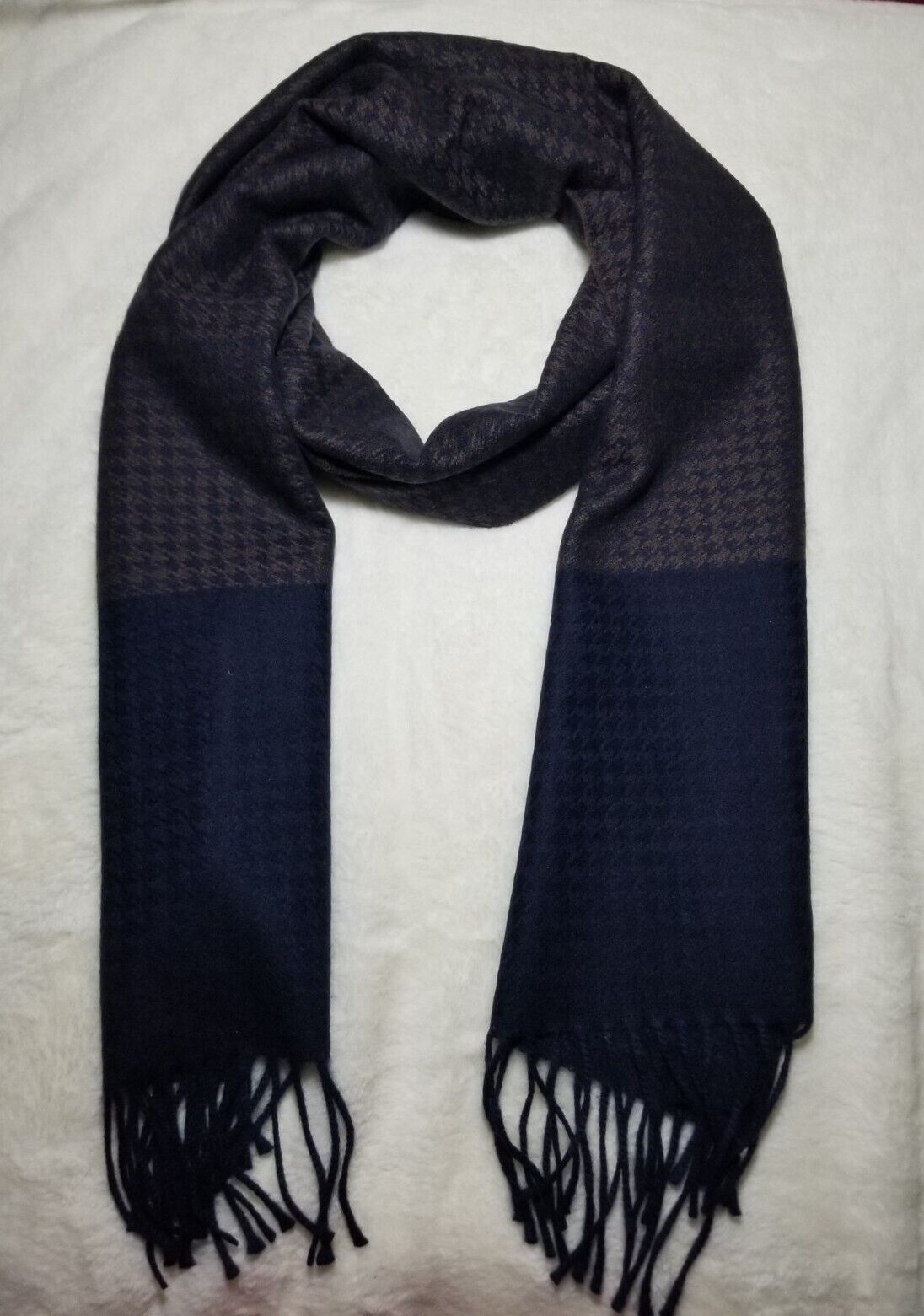 Navy Blue & Brown Houndstooth Felted Cashmere Scarf-0