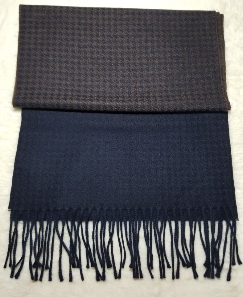 Navy Blue & Brown Houndstooth Felted Cashmere Scarf-2